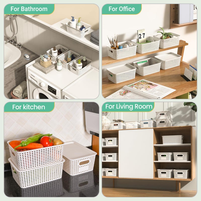 Ohmlove Plastic Storage Baskets with Lid-Plastic Storage Containers Stackable Storage bins: Storage Baskets for Organizing Shelves Drawers Desktop Closet Playroom Classroom Office 8Pack-White 10.2x7.2x4.1Inch - Image 5